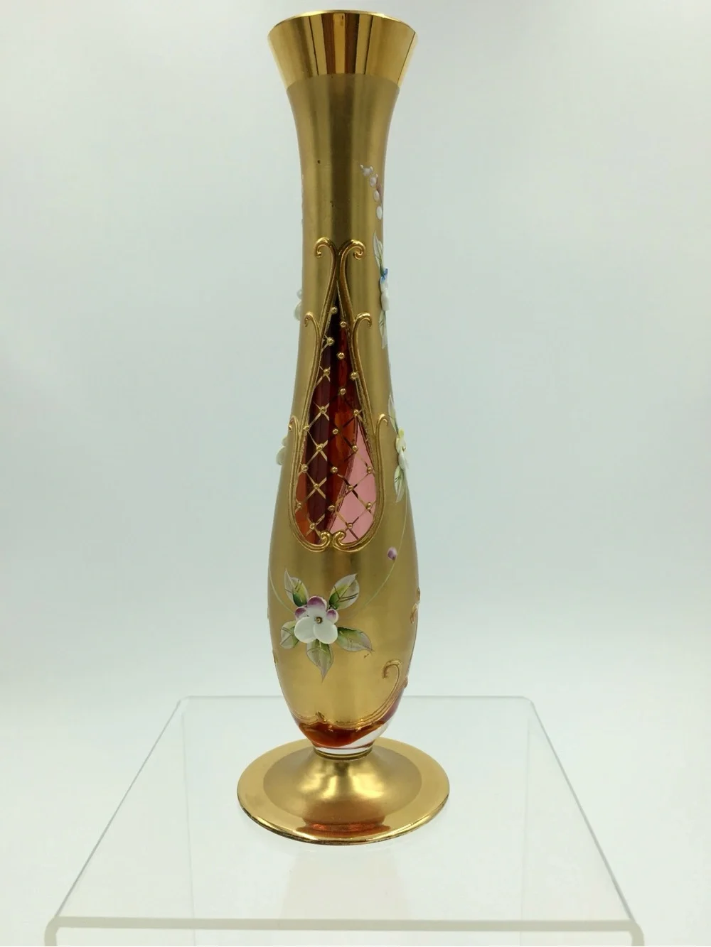 Vintage Czech Bohemian Lead Crystal 24K Gold Gilt Hand-Painted Art Glass Vase